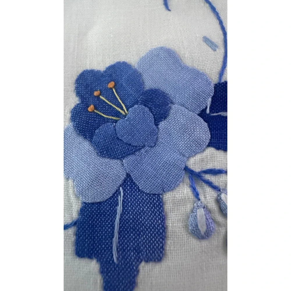 Vintage White Linen Napkins Blue Floral Handmade Square‎ Set of 2 15.5x15.5